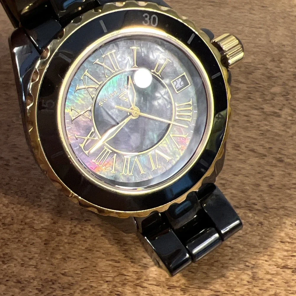Swiss Legend Karamica Women's Black Gold Tone Watch Ceramic - Needs Battery